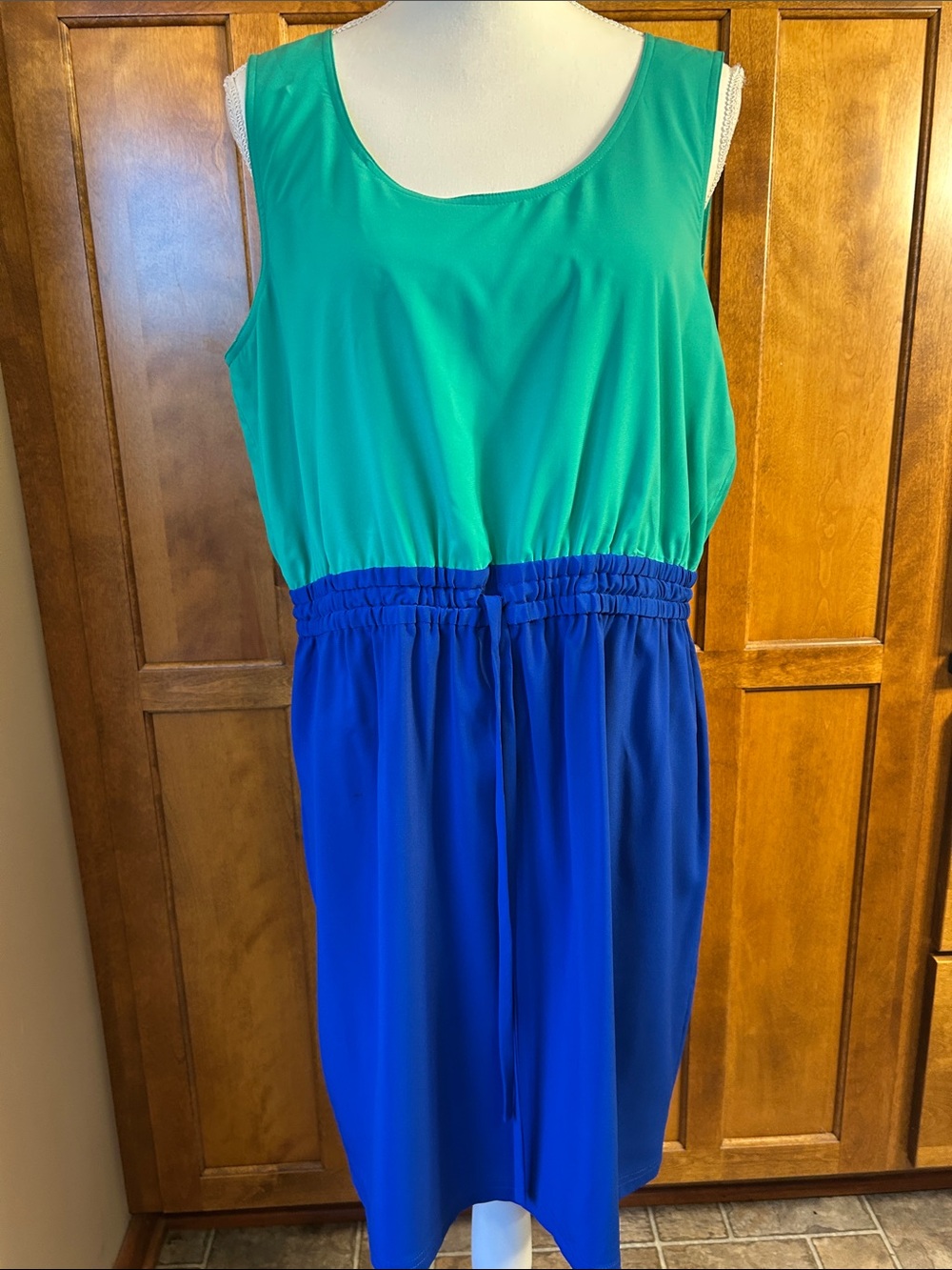 NWT Calvin Klein Blue Green Colorblock Sleeveless Dress Drawstring Waist. Sz 14